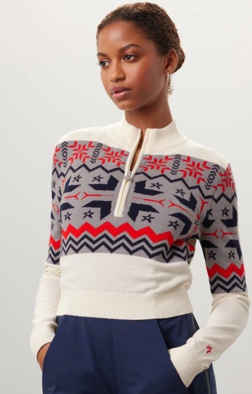 NWT Perfect Moment Nordic Merino Wool Fair Isle Half Zip Ski Sweater White sz M